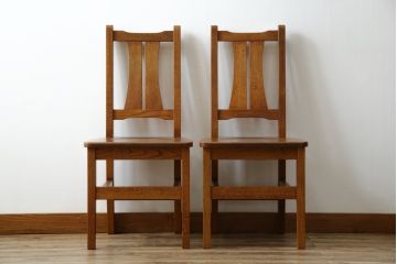 和製ビンテージ　高級品　Oak Village(オークウィレッシ)製　総楢(ナラ)材　上質な作りのダイニングチェア2脚セット(Dチェア、板座チェア、アームレスチェア、椅子、イス、ヴィンテージ、バラ売り可能)(R-082652)