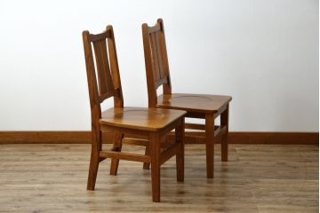 和製ビンテージ　高級品　Oak Village(オークウィレッシ)製　総楢(ナラ)材　上質な作りのダイニングチェア2脚セット(Dチェア、板座チェア、アームレスチェア、椅子、イス、ヴィンテージ、バラ売り可能)(R-082652)