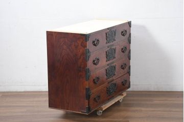 中古　美品!!　岩谷堂箪笥　「菊幸」　欅(ケヤキ)材　ヒノキ天板・脚(台輪)付きリメイク　漆塗り　和の趣あふれる収納箪笥(引き出し、和タンス、衣装箪笥)(R-082658)