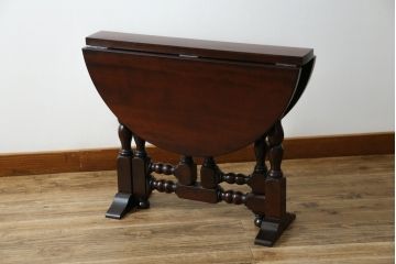 中古　美品　松本民芸家具　脚のデザインがシックな#13型T・Fバタフライ卓(バタフライテーブル、サイドテーブル、ラウンドテーブル、丸テーブル、ドロップリーフテーブル、カフェテーブル、コーヒーテーブル)(定価約18万円)(R-082697)