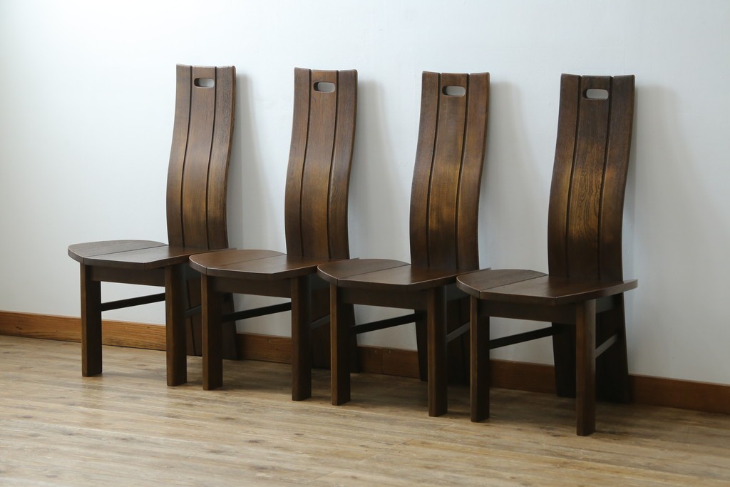 中古　美品　希少な廃番品!!　カリモク家具(karimoku)　ナラ(楢)材　持ち手付き　和モダンなハイバックチェア4脚セット　(R-082709)
