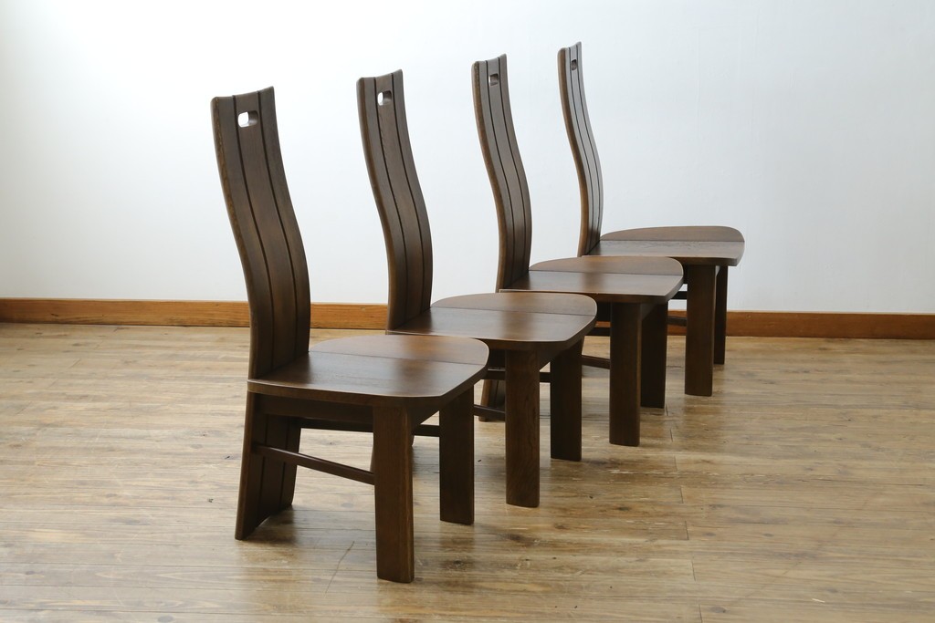 中古　美品　希少な廃番品!!　カリモク家具(karimoku)　ナラ(楢)材　持ち手付き　和モダンなハイバックチェア4脚セット　(R-082709)