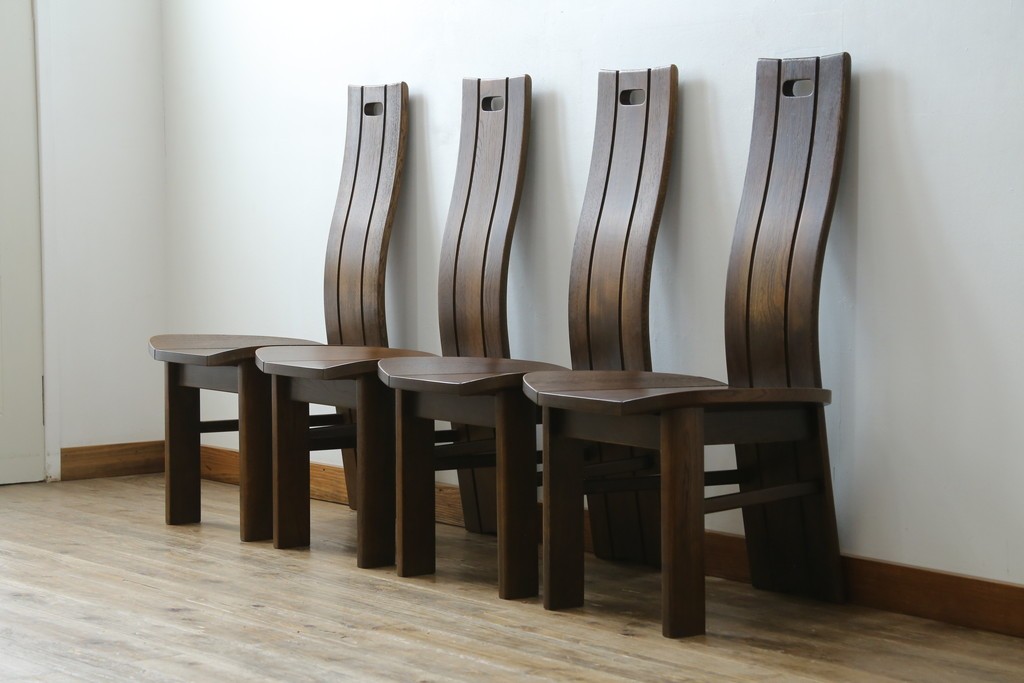 中古　美品　希少な廃番品!!　カリモク家具(karimoku)　ナラ(楢)材　持ち手付き　和モダンなハイバックチェア4脚セット　(R-082709)