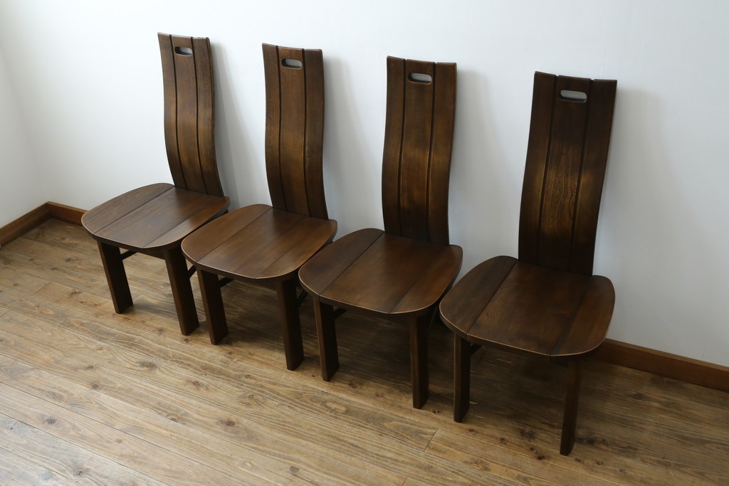 中古　美品　希少な廃番品!!　カリモク家具(karimoku)　ナラ(楢)材　持ち手付き　和モダンなハイバックチェア4脚セット　(R-082709)