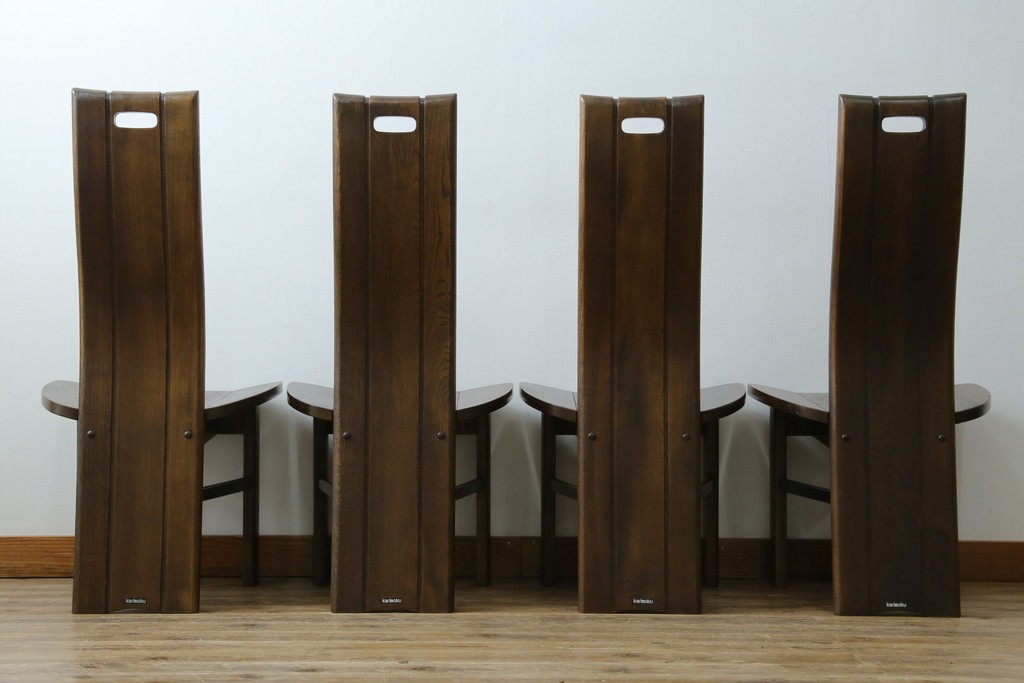 中古　美品　希少な廃番品!!　カリモク家具(karimoku)　ナラ(楢)材　持ち手付き　和モダンなハイバックチェア4脚セット　(R-082709)