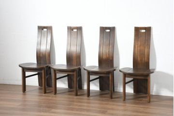 中古　美品　希少な廃番品!!　カリモク家具(karimoku)　ナラ(楢)材　持ち手付き　和モダンなハイバックチェア4脚セット(板座チェア、椅子、イス、バラ売り可能)(R-082709)