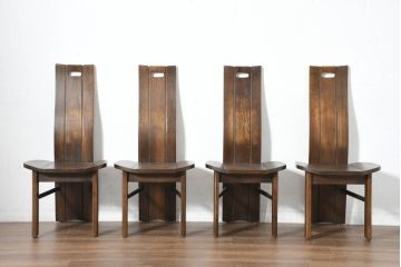 中古　美品　希少な廃番品!!　カリモク家具(karimoku)　ナラ(楢)材　持ち手付き　和モダンなハイバックチェア4脚セット(板座チェア、椅子、イス、バラ売り可能)(R-082709)
