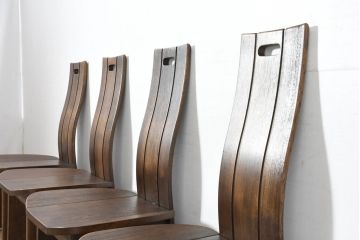 中古　美品　希少な廃番品!!　カリモク家具(karimoku)　ナラ(楢)材　持ち手付き　和モダンなハイバックチェア4脚セット(板座チェア、椅子、イス、バラ売り可能)(R-082709)