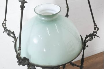 ヨーロッパアンティーク　ミントグリーンのシェードが珍しい!!ブロンズのフレームと凝った装飾が美しい超特大サイズのハンギングランプ(吊り下げランプ、天井照明、吊り下げ照明)(R-082713)