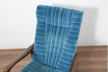 和製ビンテージ　ブナ材　ブルーストライプがレトロな雰囲気を高めるロッキングチェア(アームチェア、椅子、イス、ヴィンテージ)(R-082739)
