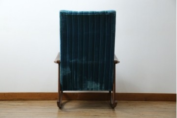 和製ビンテージ　ブナ材　ブルーストライプがレトロな雰囲気を高めるロッキングチェア　(R-082740)