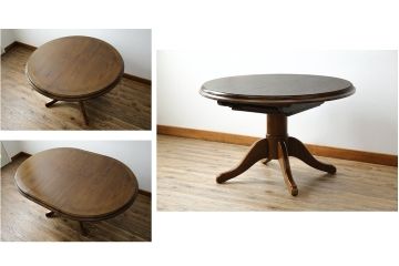 中古　美品　三越家具(現カントリーハウス)　Brugge(ブルージュ)　クラシカルな佇まいが魅力の伸長式ラウンドテーブル(ダイニングテーブル、エクステンションテーブル、丸テーブル、4人掛け、2人掛け、4人用、2人用、食卓)(定価約28万円)(R-082742)