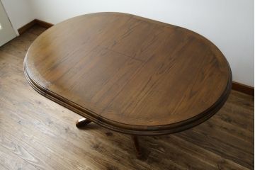 中古　美品　三越家具(現カントリーハウス)　Brugge(ブルージュ)　クラシカルな佇まいが魅力の伸長式ラウンドテーブル(ダイニングテーブル、エクステンションテーブル、丸テーブル、4人掛け、2人掛け、4人用、2人用、食卓)(定価約28万円)(R-082742)