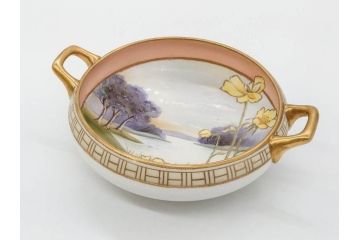 オールドノリタケ　NORITAKE　金彩　花　ハンドル付　柔らかな色彩が美しいボウル(M-NIPPON印、風景、ハンドペイント、プレート、深皿、洋食器)(R-082747)