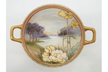 オールドノリタケ　NORITAKE　金彩　花　ハンドル付　柔らかな色彩が美しいボウル(M-NIPPON印、風景、ハンドペイント、プレート、深皿、洋食器)(R-082747)