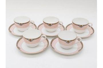 オールドノリタケ　NORITAKE　ヤジロベー印　ピンク　品よく可愛らしいカップ&ソーサー5客セット(花、金彩、C&S、日本陶器會社、洋食器)(R-082748)