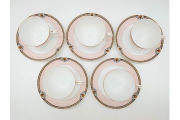 オールドノリタケ　NORITAKE　ヤジロベー印　ピンク　品よく可愛らしいカップ&ソーサー5客セット(花、金彩、C&S、日本陶器會社、洋食器)(R-082748)