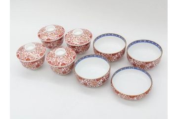 オールドノリタケ　NORITAKE　花唐草文　赤絵　金彩　3.2寸・3.7寸・4寸　食卓を華やかに彩る蓋付き茶碗4客&小鉢4客セット(器、どんぶり、深鉢、深皿、向付、マルキ印、和皿、和食器、三寸二分、三寸七分、四寸)(R-082749)