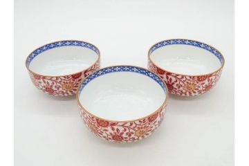 オールドノリタケ　NORITAKE　花唐草文　赤絵　金彩　3.2寸・3.7寸・4寸　食卓を華やかに彩る蓋付き茶碗4客&小鉢4客セット(器、どんぶり、深鉢、深皿、向付、マルキ印、和皿、和食器、三寸二分、三寸七分、四寸)(R-082749)