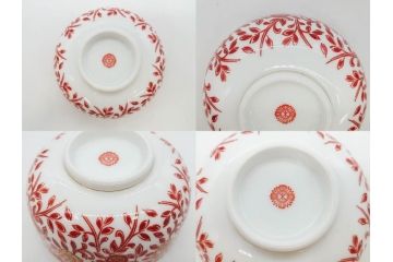 オールドノリタケ　NORITAKE　花唐草文　赤絵　金彩　3.2寸・3.7寸・4寸　食卓を華やかに彩る蓋付き茶碗4客&小鉢4客セット(器、どんぶり、深鉢、深皿、向付、マルキ印、和皿、和食器、三寸二分、三寸七分、四寸)(R-082749)