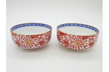 オールドノリタケ　NORITAKE　花唐草文　赤絵　金彩　3.2寸・3.7寸・4寸　食卓を華やかに彩る蓋付き茶碗4客&小鉢4客セット(器、どんぶり、深鉢、深皿、向付、マルキ印、和皿、和食器、三寸二分、三寸七分、四寸)(R-082749)