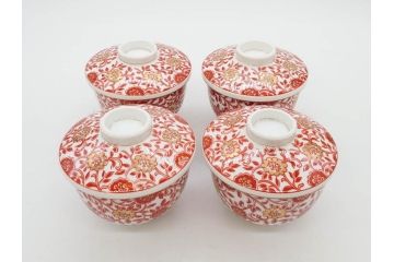 オールドノリタケ　NORITAKE　花唐草文　赤絵　金彩　3.2寸・3.7寸・4寸　食卓を華やかに彩る蓋付き茶碗4客&小鉢4客セット(器、どんぶり、深鉢、深皿、向付、マルキ印、和皿、和食器、三寸二分、三寸七分、四寸)(R-082749)