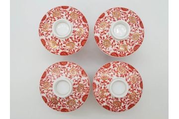 オールドノリタケ　NORITAKE　花唐草文　赤絵　金彩　3.2寸・3.7寸・4寸　食卓を華やかに彩る蓋付き茶碗4客&小鉢4客セット(器、どんぶり、深鉢、深皿、向付、マルキ印、和皿、和食器、三寸二分、三寸七分、四寸)(R-082749)