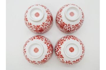 オールドノリタケ　NORITAKE　花唐草文　赤絵　金彩　3.2寸・3.7寸・4寸　食卓を華やかに彩る蓋付き茶碗4客&小鉢4客セット(器、どんぶり、深鉢、深皿、向付、マルキ印、和皿、和食器、三寸二分、三寸七分、四寸)(R-082749)