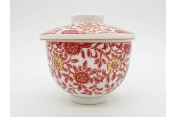 オールドノリタケ　NORITAKE　花唐草文　赤絵　金彩　3.2寸・3.7寸・4寸　食卓を華やかに彩る蓋付き茶碗4客&小鉢4客セット(器、どんぶり、深鉢、深皿、向付、マルキ印、和皿、和食器、三寸二分、三寸七分、四寸)(R-082749)