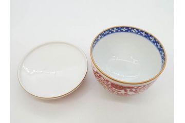 オールドノリタケ　NORITAKE　花唐草文　赤絵　金彩　3.2寸・3.7寸・4寸　食卓を華やかに彩る蓋付き茶碗4客&小鉢4客セット(器、どんぶり、深鉢、深皿、向付、マルキ印、和皿、和食器、三寸二分、三寸七分、四寸)(R-082749)