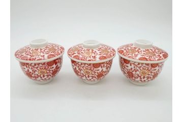 オールドノリタケ　NORITAKE　花唐草文　赤絵　金彩　3.2寸・3.7寸・4寸　食卓を華やかに彩る蓋付き茶碗4客&小鉢4客セット(器、どんぶり、深鉢、深皿、向付、マルキ印、和皿、和食器、三寸二分、三寸七分、四寸)(R-082749)