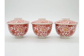 オールドノリタケ　NORITAKE　花唐草文　赤絵　金彩　3.2寸・3.7寸・4寸　食卓を華やかに彩る蓋付き茶碗4客&小鉢4客セット(器、どんぶり、深鉢、深皿、向付、マルキ印、和皿、和食器、三寸二分、三寸七分、四寸)(R-082749)