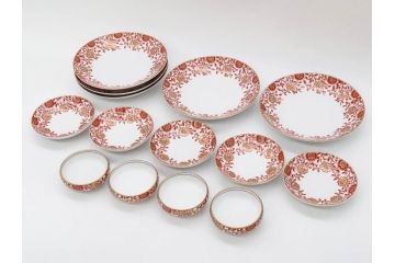 オールドノリタケ　NORITAKE　花唐草文　赤絵　金彩　2.3寸・3.2寸・5.1寸　食卓に映える鮮やかな色彩が魅力の皿10枚&小鉢4客セット(小皿、中皿、器、深鉢、深皿、向付、マルキ印、和皿、和食器、二寸三分、三寸二分、五寸一分)(R-082750)