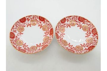 オールドノリタケ　NORITAKE　花唐草文　赤絵　金彩　2.3寸・3.2寸・5.1寸　食卓に映える鮮やかな色彩が魅力の皿10枚&小鉢4客セット(小皿、中皿、器、深鉢、深皿、向付、マルキ印、和皿、和食器、二寸三分、三寸二分、五寸一分)(R-082750)