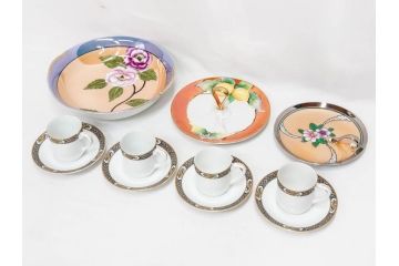 オールドノリタケ　NORITAKE　ラスター彩　ハンドル付　レモン　花　寛ぎの時間を演出するプレート3枚・カップ&ソーサー4客セット(マルキ印、金彩、キャンディーディッシュ、アクセサリートレー、トレイ、C&S、小皿、中皿、深皿、洋食器)(R-082751)