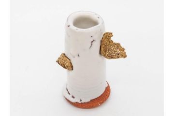 三輪和彦(十三代 三輪休雪)　匠の趣向が光る金耳盃(萩焼、耳付、杯、酒器、裏印、ウコン布付き、共箱付き)(R-082753)