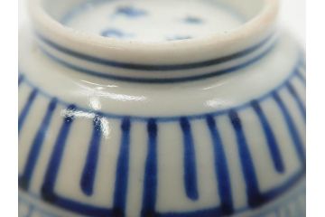 江戸期　成化年製　古伊万里　染付　微塵唐草　松竹梅文　落ち着いた佇まいのそば猪口3客セット(蕎麦猪口、湯呑み、湯のみ、和食器)(R-082755)