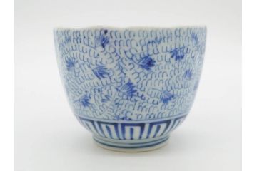 江戸期　成化年製　古伊万里　染付　微塵唐草　松竹梅文　深い趣きがあるそば猪口5客セット(蕎麦猪口、湯呑み、湯のみ、和食器)(R-082756)