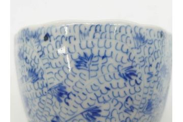 江戸期　成化年製　古伊万里　染付　微塵唐草　松竹梅文　深い趣きがあるそば猪口5客セット(蕎麦猪口、湯呑み、湯のみ、和食器)(R-082756)