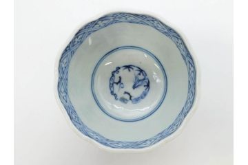 江戸期　成化年製　古伊万里　染付　微塵唐草　松竹梅文　深い趣きがあるそば猪口5客セット(蕎麦猪口、湯呑み、湯のみ、和食器)(R-082756)