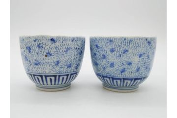 江戸期　成化年製　古伊万里　染付　微塵唐草　松竹梅文　深い趣きがあるそば猪口5客セット(蕎麦猪口、湯呑み、湯のみ、和食器)(R-082756)