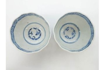 江戸期　成化年製　古伊万里　染付　微塵唐草　松竹梅文　深い趣きがあるそば猪口5客セット(蕎麦猪口、湯呑み、湯のみ、和食器)(R-082756)