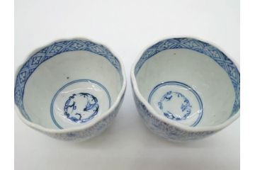 江戸期　成化年製　古伊万里　染付　微塵唐草　松竹梅文　深い趣きがあるそば猪口5客セット(蕎麦猪口、湯呑み、湯のみ、和食器)(R-082756)