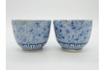 江戸期　成化年製　古伊万里　染付　微塵唐草　松竹梅文　深い趣きがあるそば猪口5客セット(蕎麦猪口、湯呑み、湯のみ、和食器)(R-082756)