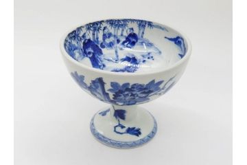 江戸期　古伊万里　染付　竹林七賢人図　細かな絵付けが見事な盃洗(杯洗、花鳥図、フルーツボウル、コンポート、高台皿、台鉢、和食器)(R-082757)