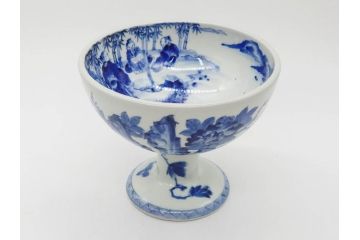 江戸期　古伊万里　染付　竹林七賢人図　細かな絵付けが見事な盃洗(杯洗、花鳥図、フルーツボウル、コンポート、高台皿、台鉢、和食器)(R-082757)