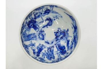 江戸期　古伊万里　染付　竹林七賢人図　細かな絵付けが見事な盃洗(杯洗、花鳥図、フルーツボウル、コンポート、高台皿、台鉢、和食器)(R-082757)