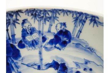 江戸期　古伊万里　染付　竹林七賢人図　細かな絵付けが見事な盃洗(杯洗、花鳥図、フルーツボウル、コンポート、高台皿、台鉢、和食器)(R-082757)