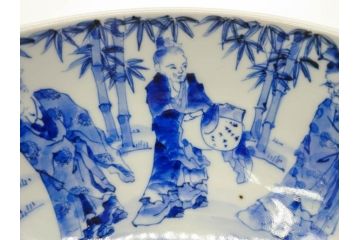 江戸期　古伊万里　染付　竹林七賢人図　細かな絵付けが見事な盃洗(杯洗、花鳥図、フルーツボウル、コンポート、高台皿、台鉢、和食器)(R-082757)