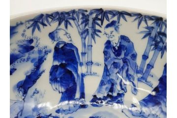 江戸期　古伊万里　染付　竹林七賢人図　細かな絵付けが見事な盃洗(杯洗、花鳥図、フルーツボウル、コンポート、高台皿、台鉢、和食器)(R-082757)